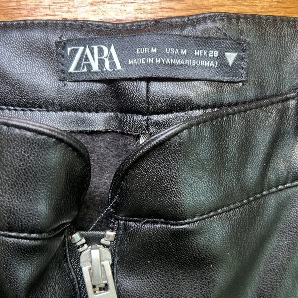 Zara Black Grunge Leather Low Rise Wide Leg Biker Pants CC - Picture 3 of 5
